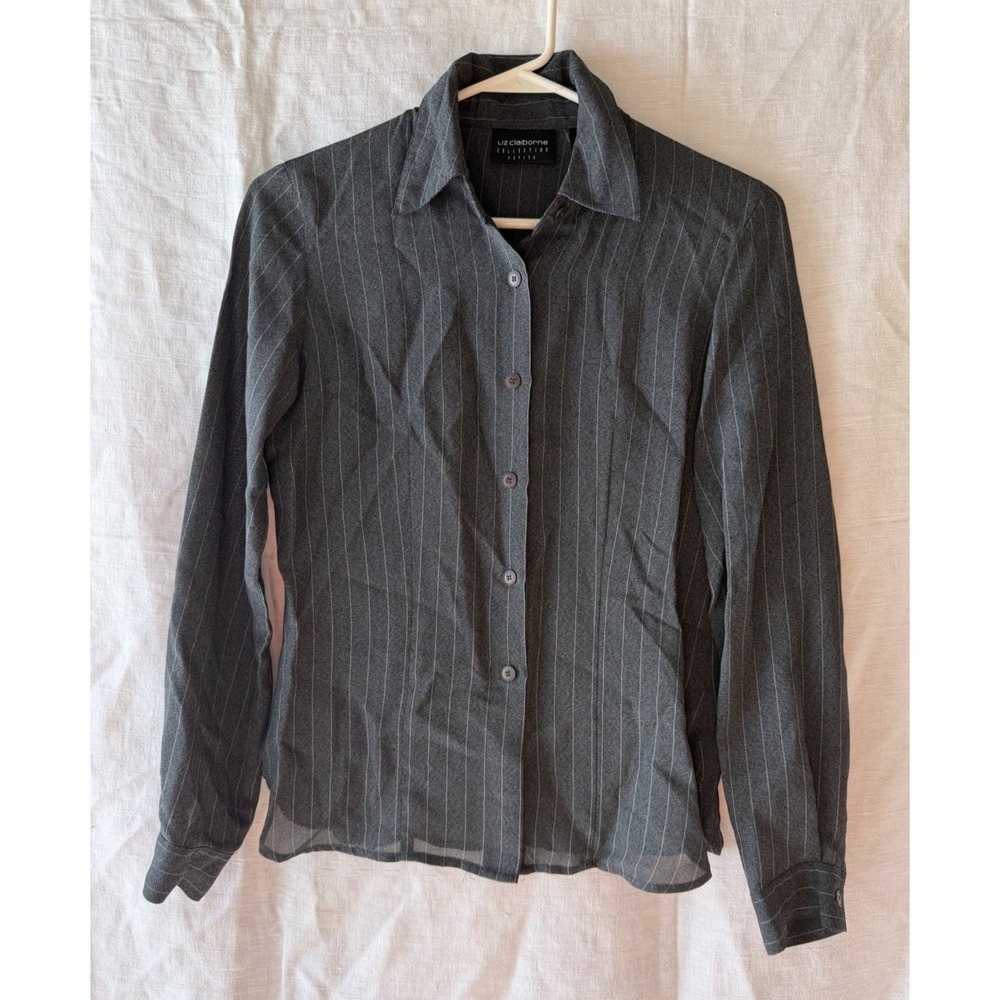 Liz Claiborne Petite‎ Womens 0 Gray Striped Button Front Shirt Sheer Top